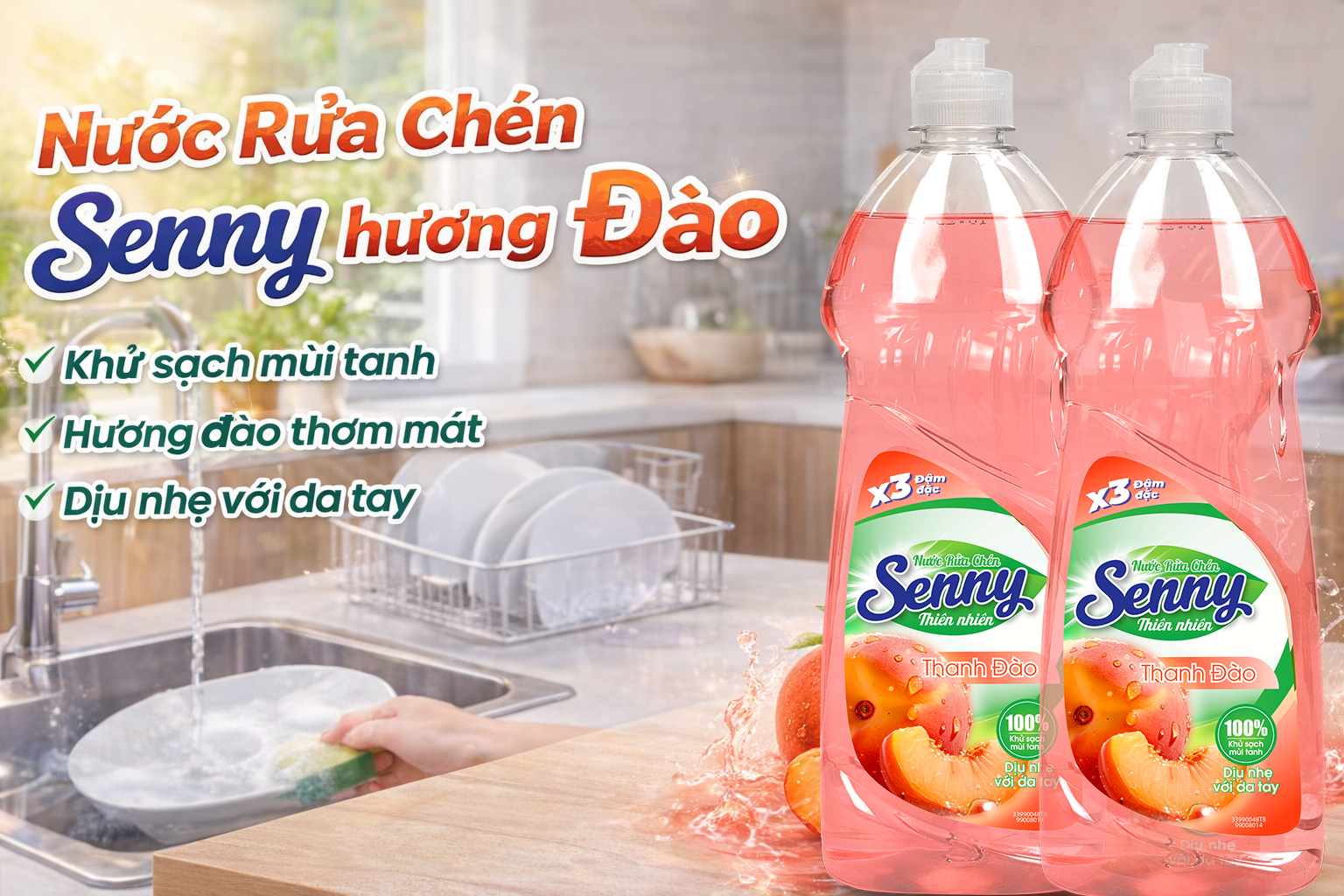 Nước Rửa Chén Senny Thanh Đào – Sạch Sáng Tự Nhiên, Hương Đào Ngọt Dịu
