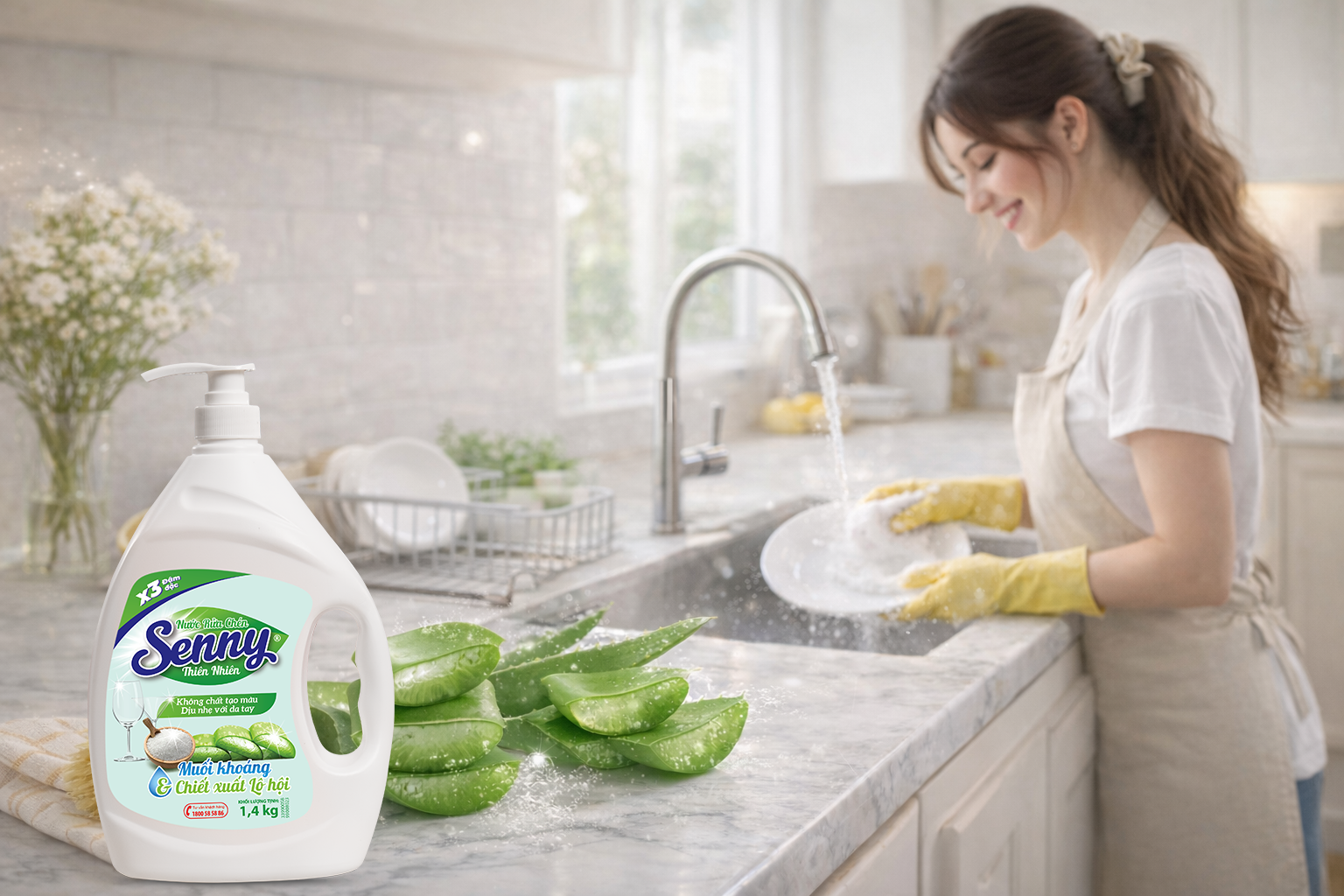 Nước Rửa Chén Senny Thiên Nhiên Tinh Chất Lô Hội – Sạch Bóng Chén Đĩa, Dịu Nhẹ Cho Đôi Tay